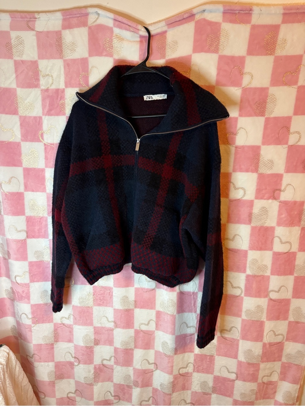 Zara Navy and Burgundy Plaid Zip Cowl Sweater